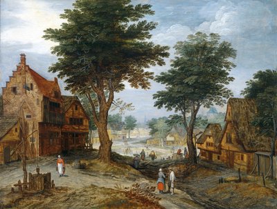 Bustling Village Landscape with Trees by Jan Brueghel the Younger